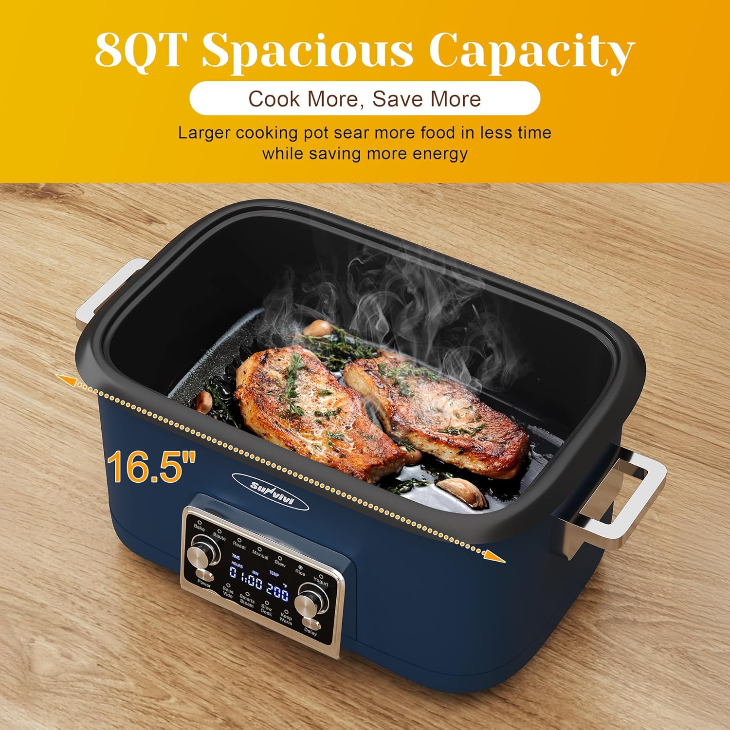 Sunvivi 8 Quart Slow Cooker Roaster Oven, 12 in 1 Programmable Multi-Cooker Food Warmer with Digital Timer, Temp Control, Removable Cast Aluminum Pot & Dishwasher-Safe Tempered Glass Lid, Blue