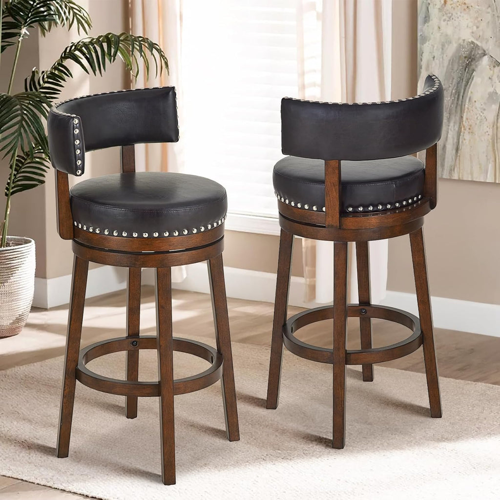 COLAMY Swivel Bar Stools Set of 4, 30 Inch Swivel Counter Height Stools, Modern Upholstered Wooden Barstools with Back for Kitchen Island Dining Room Bar, Dark Brown