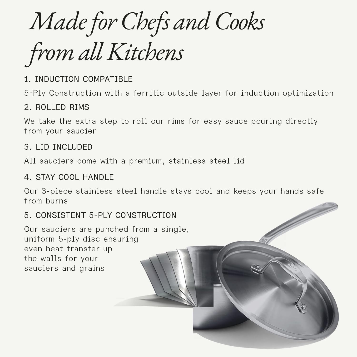 Made In Cookware | 2 Quart Stainless Steel Saucier Pan | 5 Ply Stainless Clad | Professional Cookware | Crafted in Italy | Induction Compatible