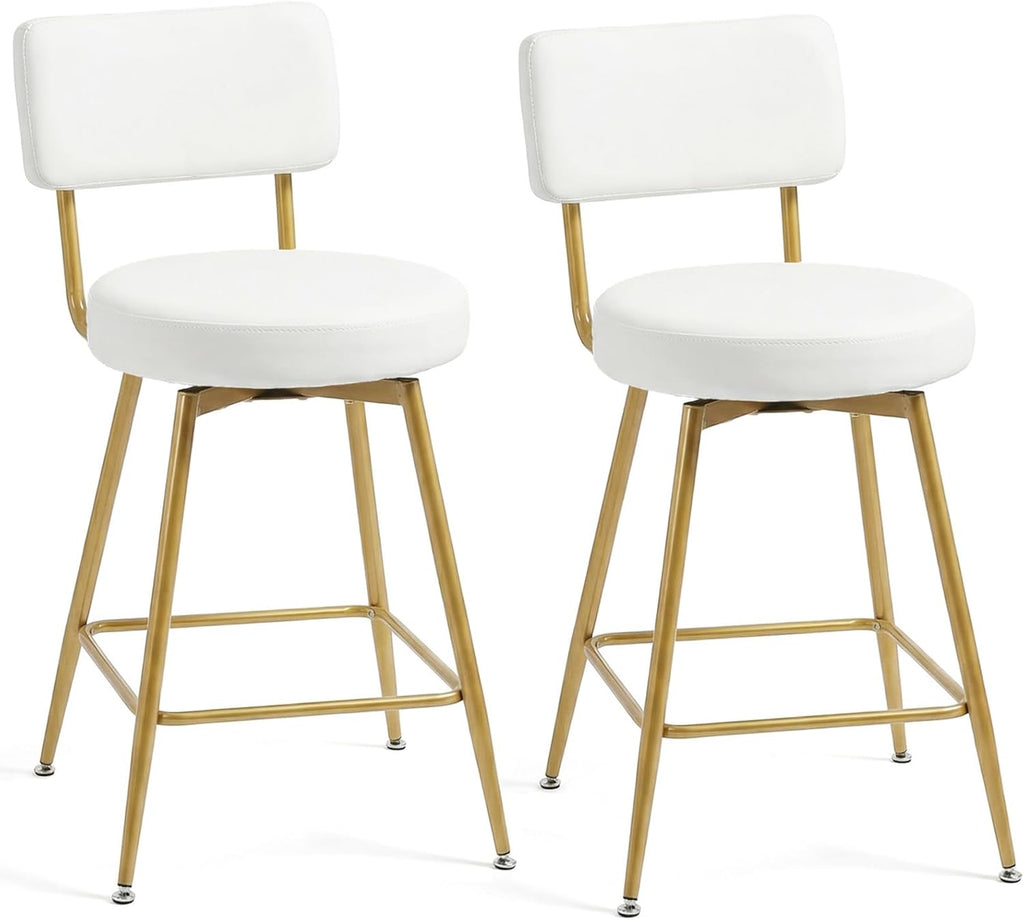 Gold White Counter Height Bar Stools Set of 2, Modern Swivel Bar Stools with Back, 25 Inch PU Leather Barstools Bar Chair Island Stool for Kitchen Counter, White Gold