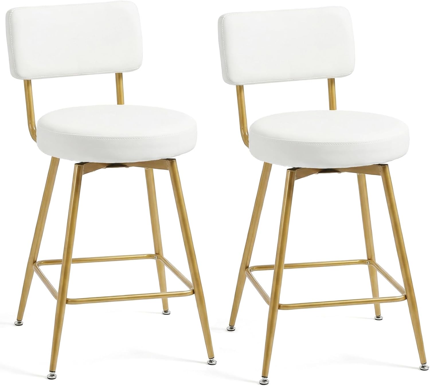 Gold White Counter Height Bar Stools Set of 2, Modern Swivel Bar Stools with Back, 25 Inch PU Leather Barstools Bar Chair Island Stool for Kitchen Counter, White Gold