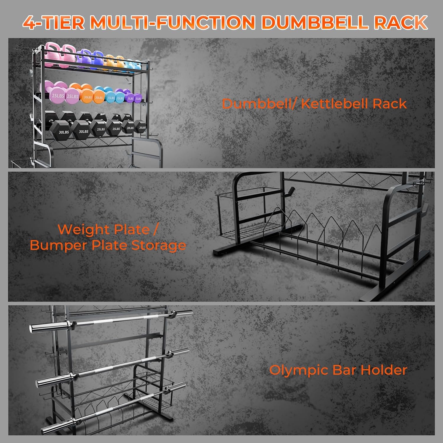 Upgraded XL Adjustable Weight Rack for Dumbbells - Barbell Holder Bumper Plate Storage Rack with 3 Olympic Bar Racks, Dumbbell Rack Weight Stand,Home Gym Storage Rack for kettlebells,Yoga Mat
