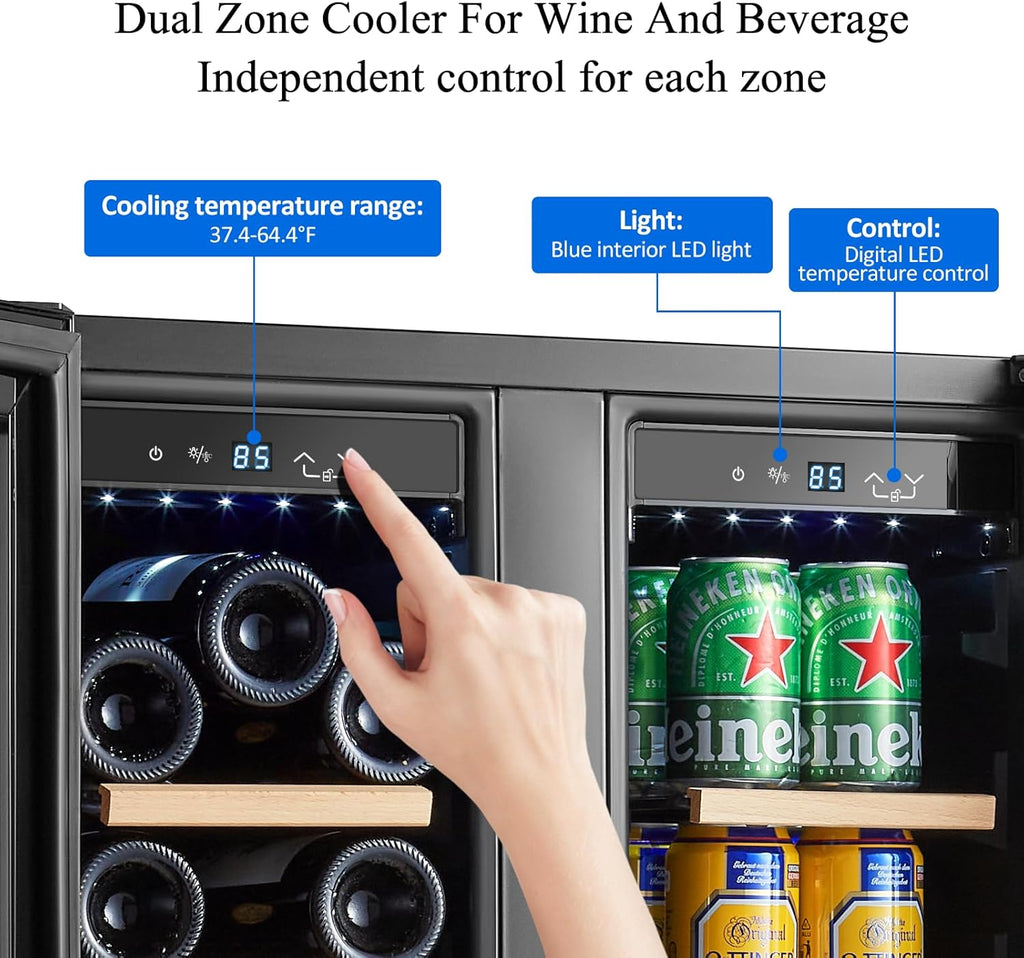 BODEGACOOLER 24 Inch Wine and Beverage Refrigerator Free Standing. Dual Zone Stainless Steel Wine Fridge under Counter, Drink Cooler for Beer, Soda, Champagne, Holds 41 Cans and 17 Bottles, Black