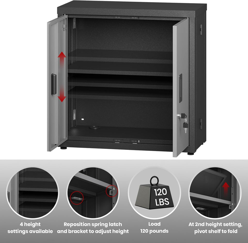 ROOMTEC Foldable Wall Mounted Garage Cabinet, Metal Storage Cabinet with Doors, Lockable Garage Storage Cabinet with Fixed Shelf, Retractable Design for Shop, Utility Room, Workshop, Black & Grey