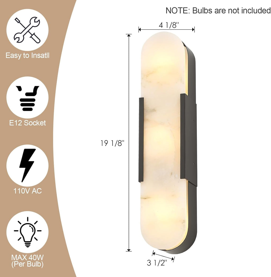 Black Modern Wall Sconces for Living Room, Alabaster Sconce Wall Light Fixtures Set of 2, Marble Sconce Lighting for Entryway Bathroom Bedroom