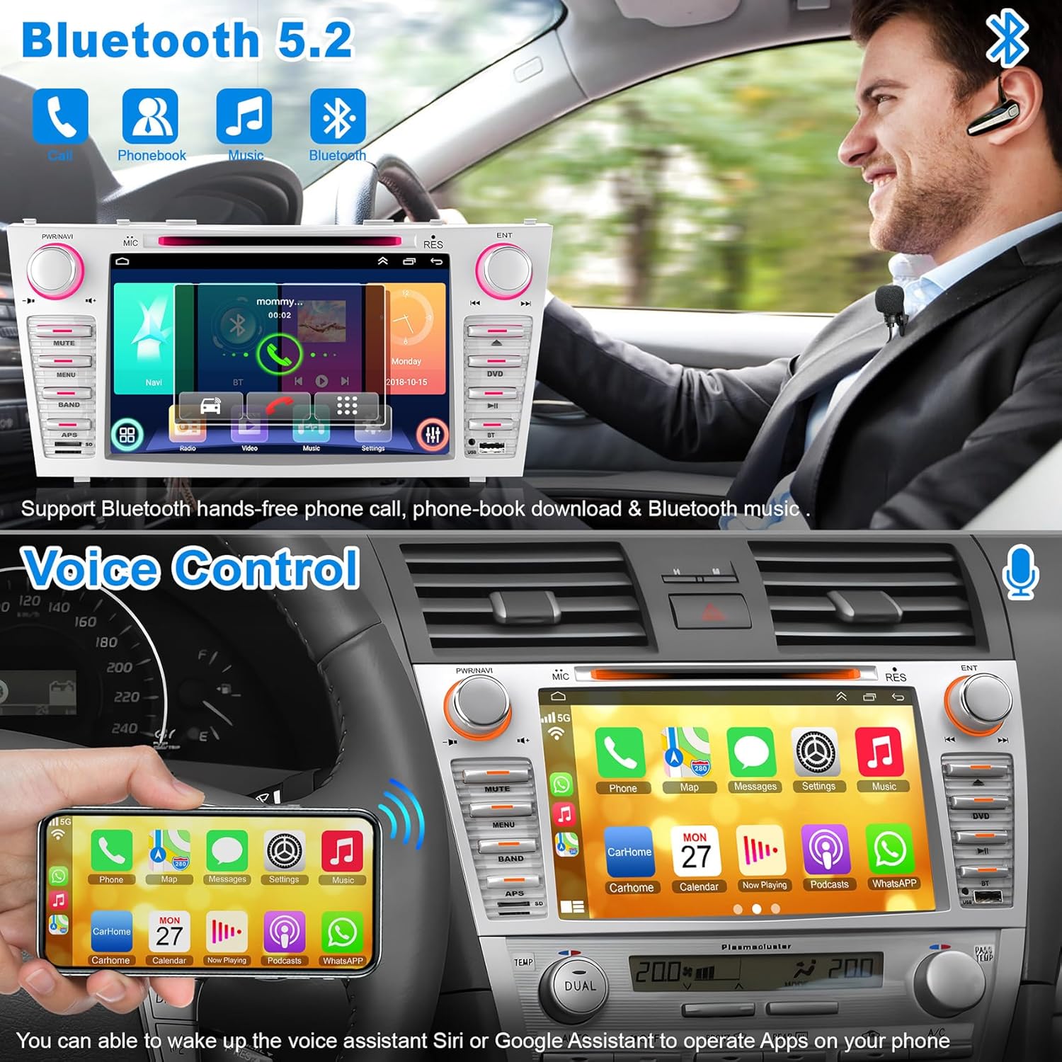 Car Radio for Toyota Camry 2006 2007 2008 2009 2010 2011, 8-inch Touch Screen Car Stereo Support CD/DVD,CarPlay&Android Auto, Bluetooth5.2&Voice Control, Backup Camera& SWC