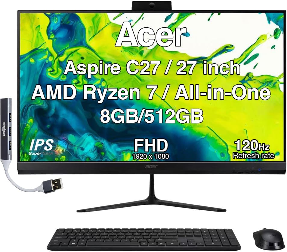 Acer Aspire C27 All-in-One Desktop, 27" IPS FHD Display (Ryzen 7 5825U (5000 Series), 8GB DDR5, 512GB PCIe SSD, Wi-Fi 6E, Webcam, Wireless Keyboard and Mouse, BT 5.3, Win 11 Home) with USB Hub