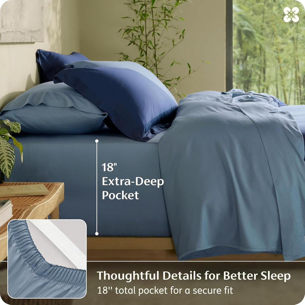 Bedsure 100% Organically Grown Bamboo Viscose Queen Sheet Set | Cooling Bedsheets for Hot Sleepers | Luxury Silky Soft PureWoven | 18" Deep Pocket with Corner Straps | Oeko-Tex Mineral Blue