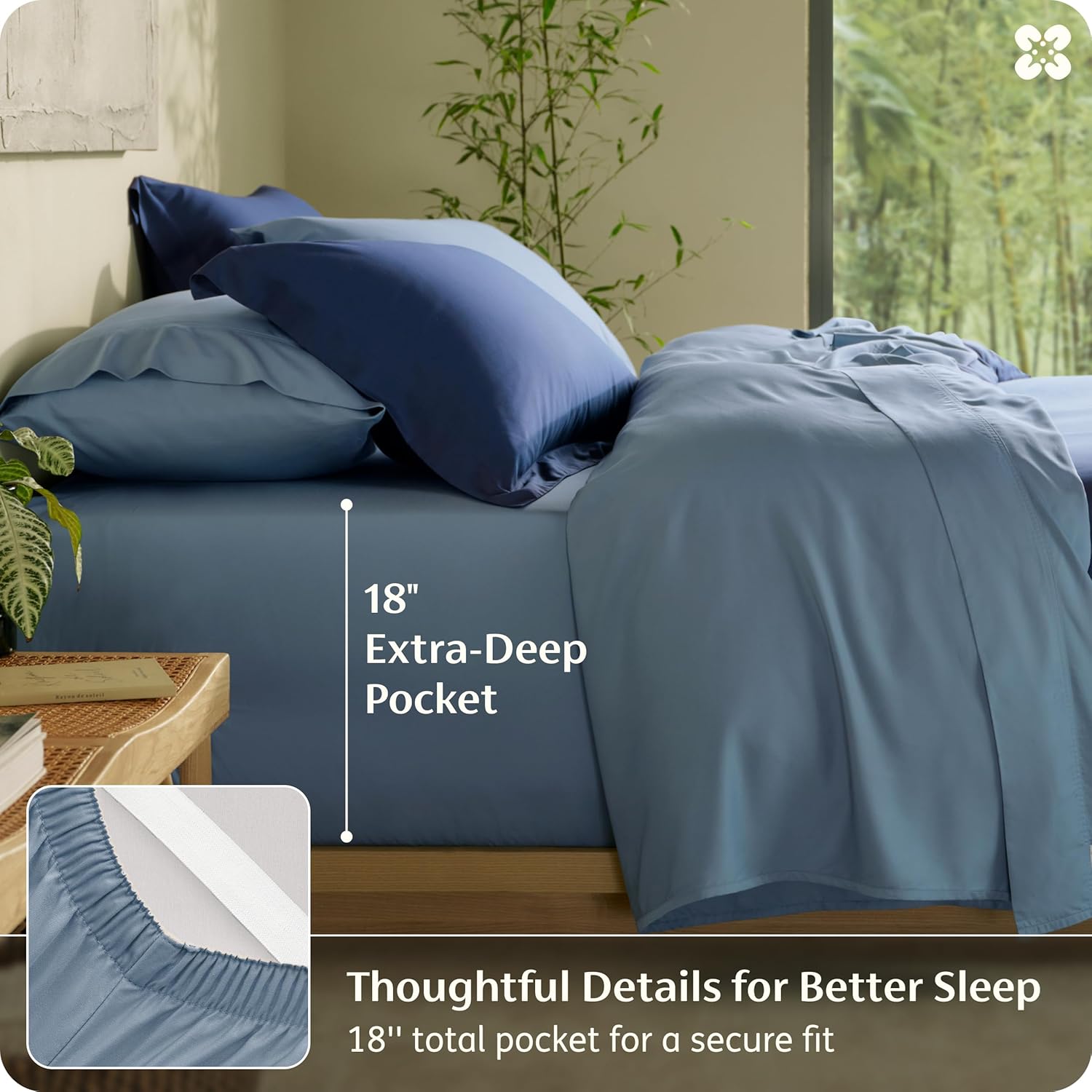 Bedsure 100% Organically Grown Bamboo Viscose Queen Sheet Set | Cooling Bedsheets for Hot Sleepers | Luxury Silky Soft PureWoven | 18" Deep Pocket with Corner Straps | Oeko-Tex Mineral Blue