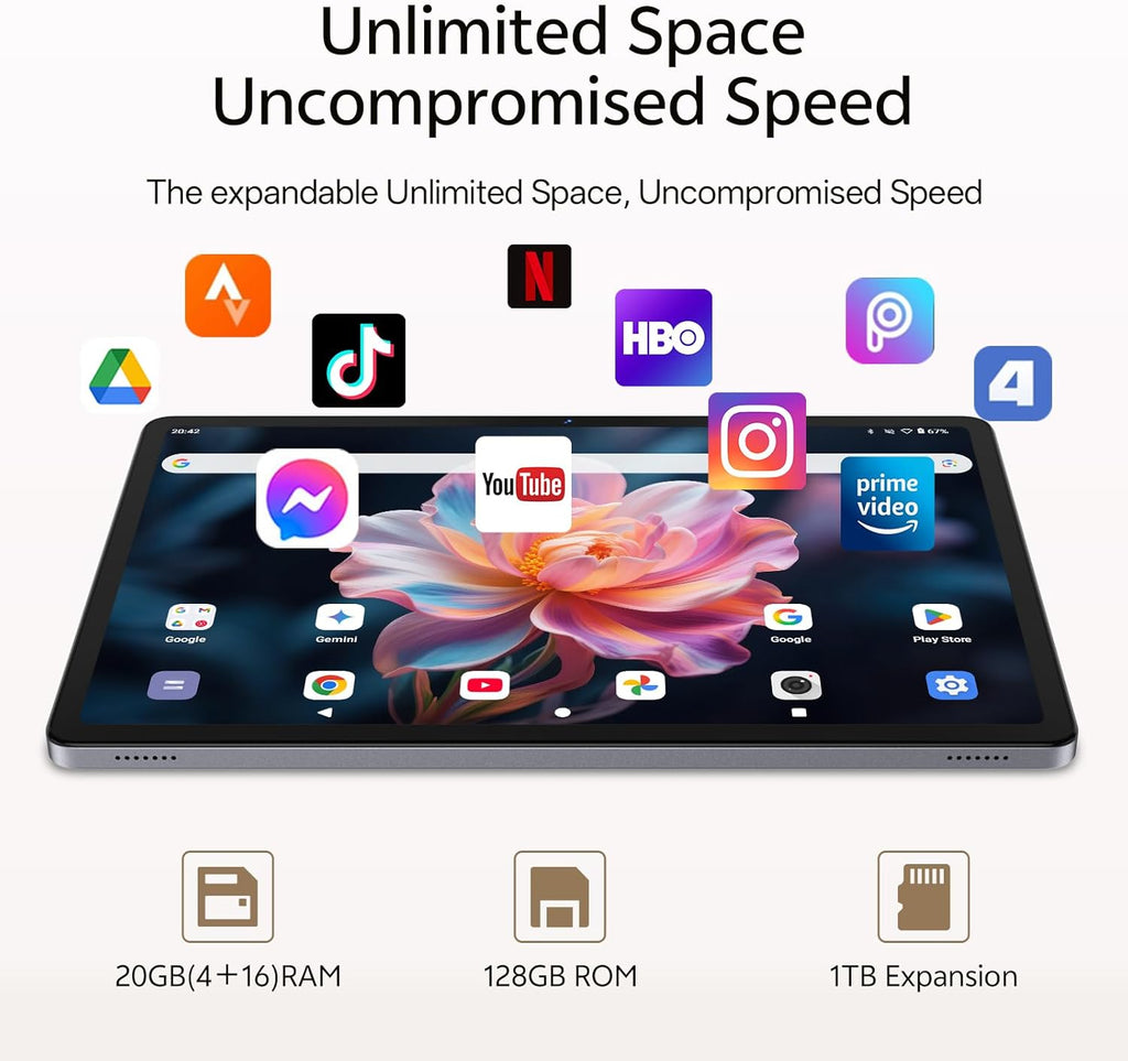 Tablet 11 inch, Android 16 Tablet with Octa-Core & Gemini AI, 20GB RAM+128GB ROM (1TB Expandable), 13MP+8MP Camera, 8800mAh, Wi-Fi 6, Widevine L1, 2-in-1 Tablet with Keyboard, Mouse & Stylus (Gray)