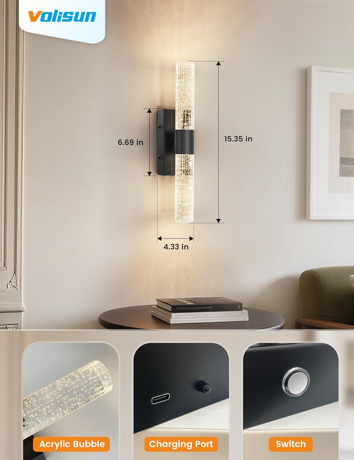 VOLISUN Battery Operated Wall Sconces Set of Two,Black Sconces Wall Decor Set of 2,Wireless Wall Sconces with Remote,Rechargeable Wall Light for Living Room,Bedroom,Bathroom,Vanity (15.3 inch)