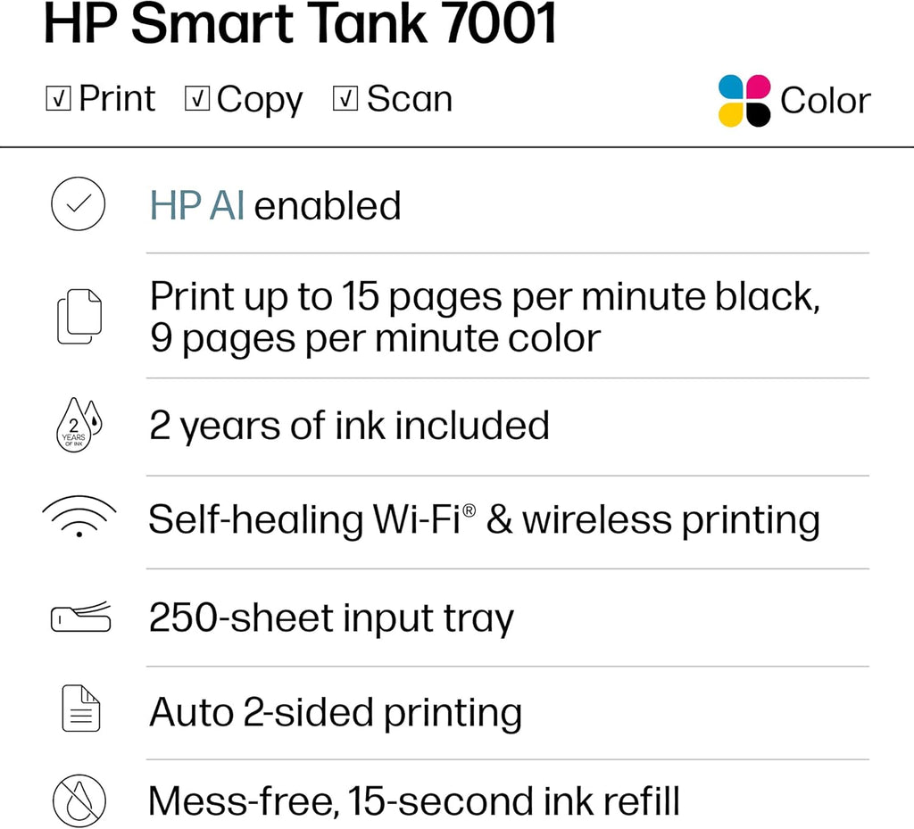 HP Smart Tank 7001 Wireless All-in-One Ink Tank Printer, Scanner, Copier with 2 Years of Ink Included, Best-for-Home Office, Cartridge-Free Refillable, AI-Enabled (28B49A)