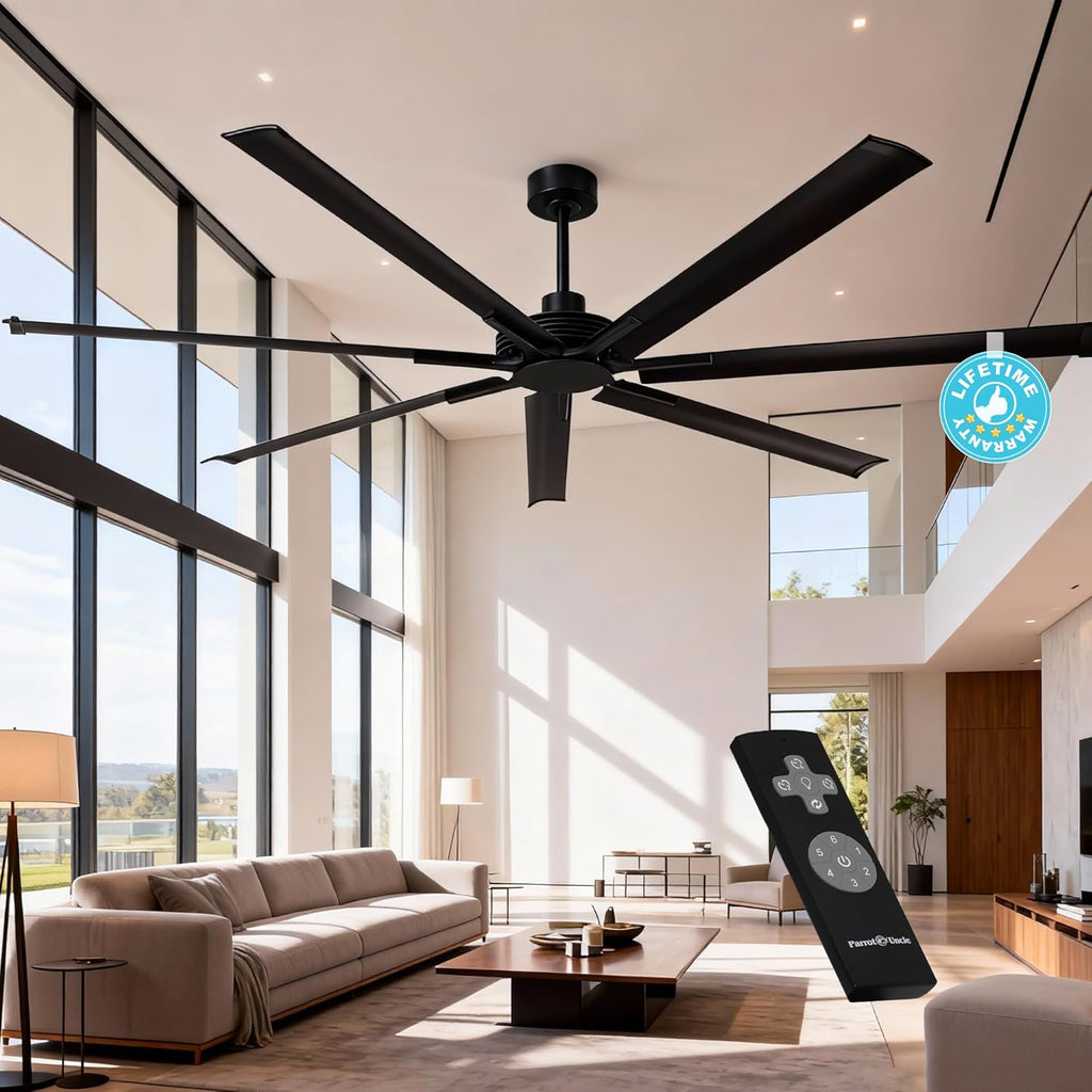 Industrial Ceiling Fans with Remote Control, 100 Inch Black Big Ceiling Fans without Lights for Living Room Shop Garage Bedroom Indoor Outdoor, 6-Speed Reversible DC Motor, Dimmable, 3CCT, Timer
