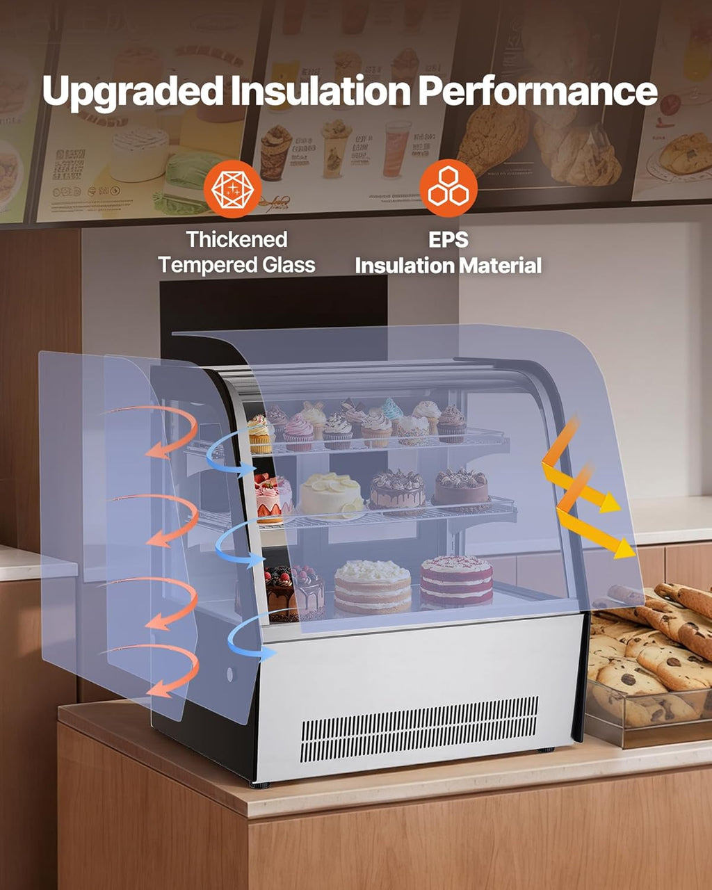 VEVOR Refrigerated Display Case, 4.2 Cu.Ft./105L Countertop Pastry Display Case, 2-Tier Commercial Cake Refrigerator with LED Lighting, TURBO Cooling, Frost-Free Air-Cooling, for Bakery, Dessert Shop