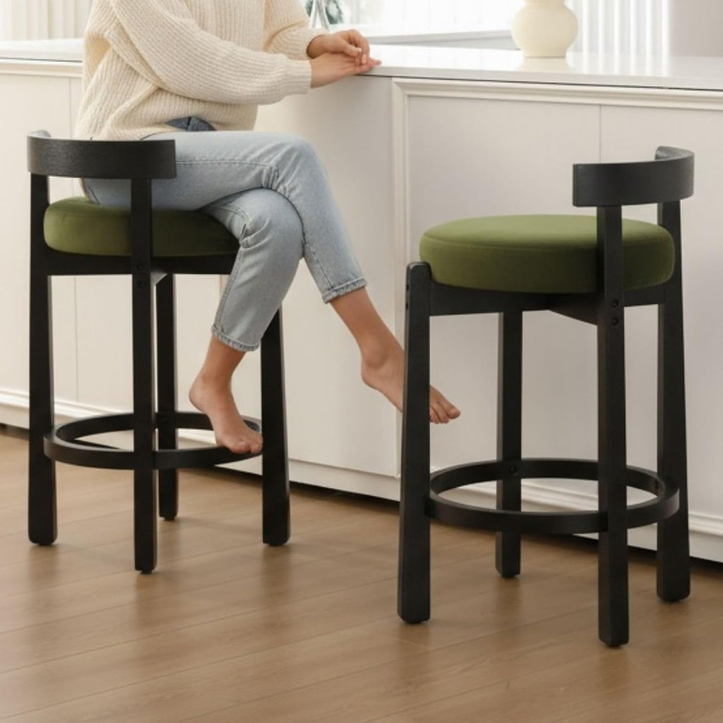 LukeAlon Mid Century Velvet Counter Stools Set of 6, Upholstered 26.5” Seat Height Barstools with Black Wood Legs Retro Modern Round Kitchen Stools with Footrest for Dining Room Bar Coffee Shop, Green