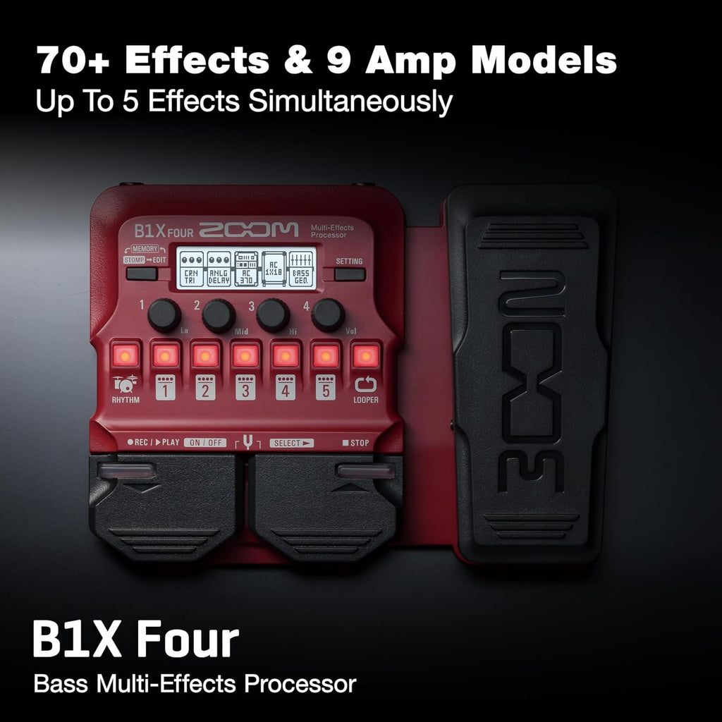 Zoom B1X FOUR Bass Multi-Effects Processor with Expression Pedal, 70+ Built-in Effects, Amp Modeling, Looper, Rhythm Section, Tuner, Battery Powered