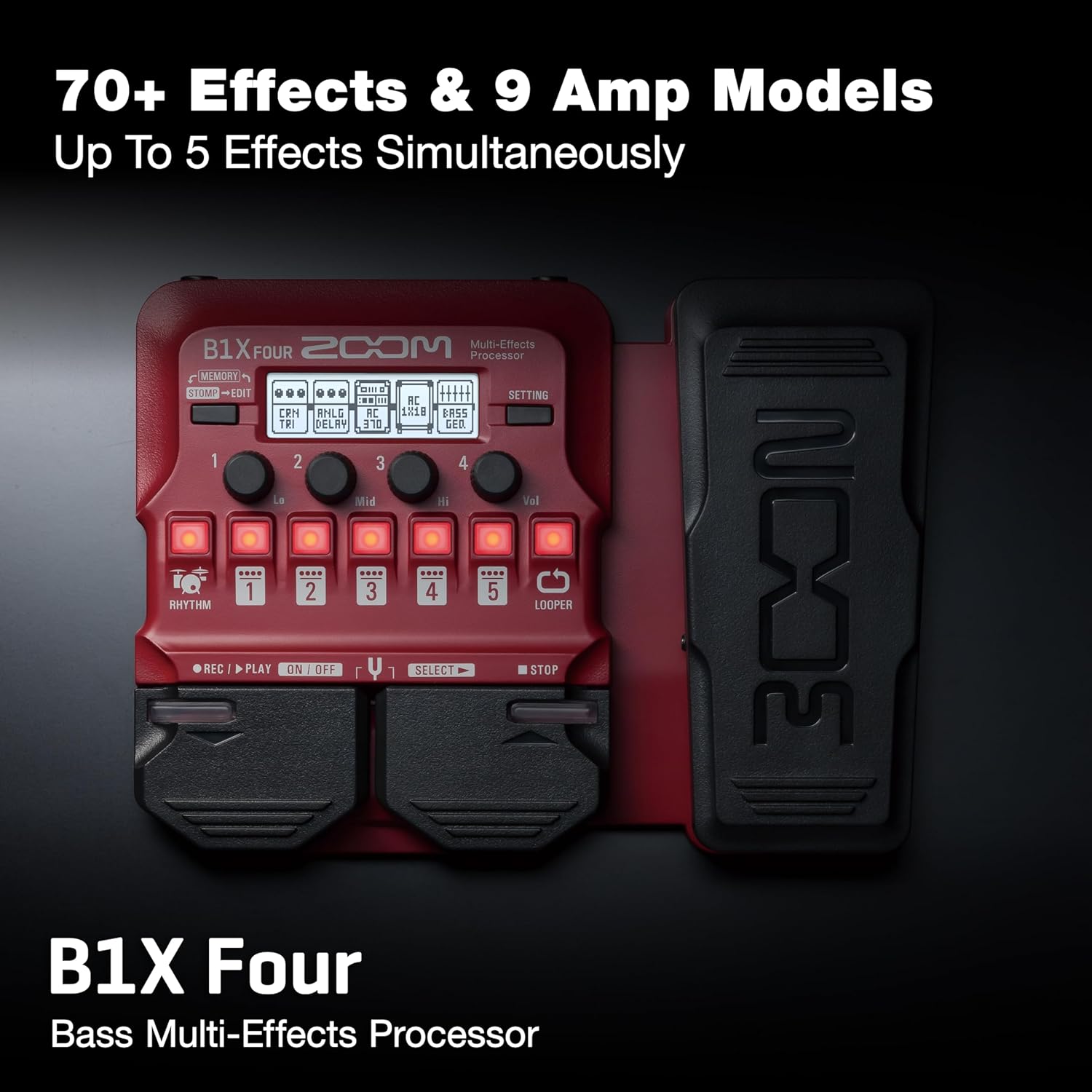 Zoom B1X FOUR Bass Multi-Effects Processor with Expression Pedal, 70+ Built-in Effects, Amp Modeling, Looper, Rhythm Section, Tuner, Battery Powered