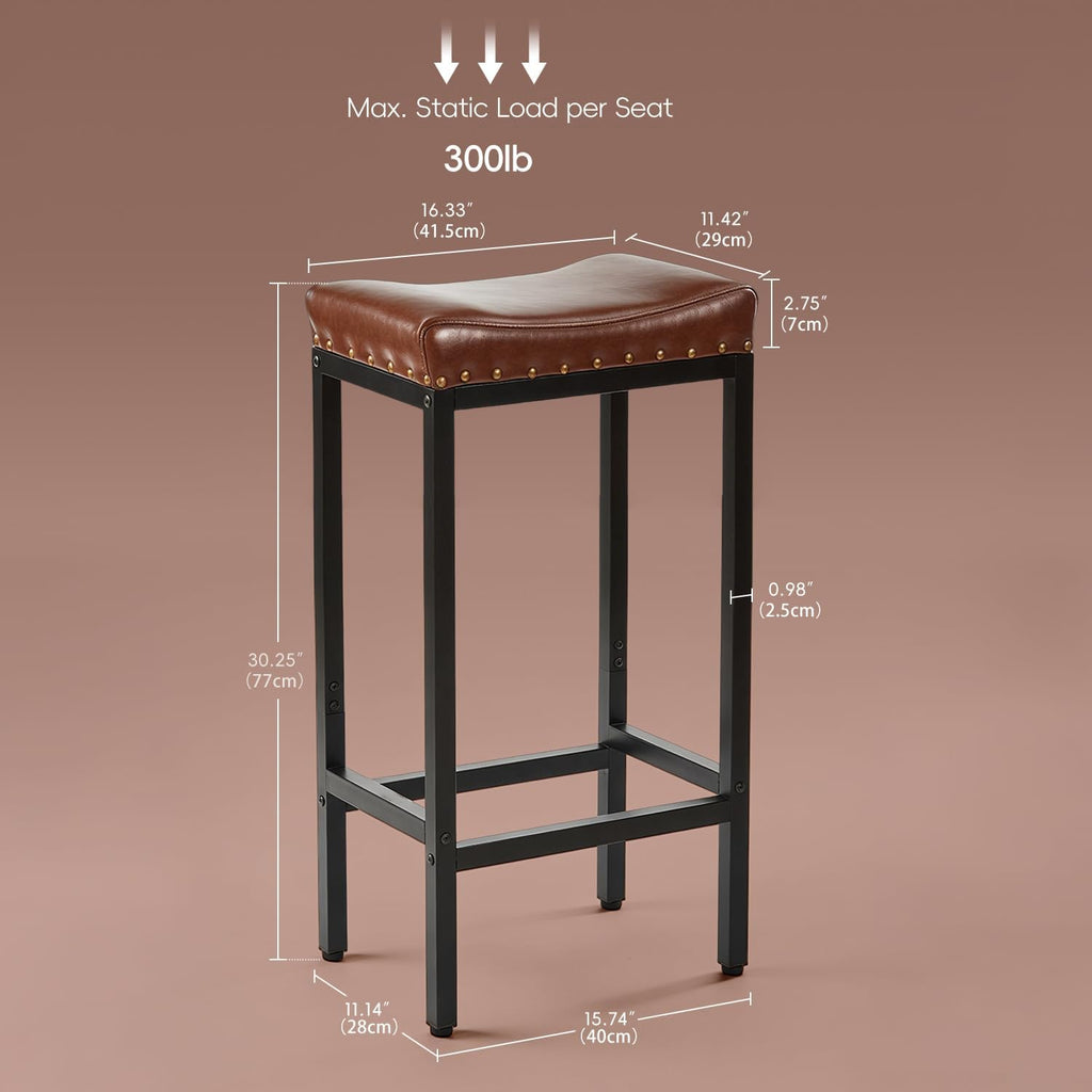 Counter Height Bar Stools Set of 2,30 Inch, Industrial Vintage Bar Stool with Nailhead, Faux Leather Barstool with Footrest, Saddle Stool for Kitchen Island, Dining Room, Easy Assembly