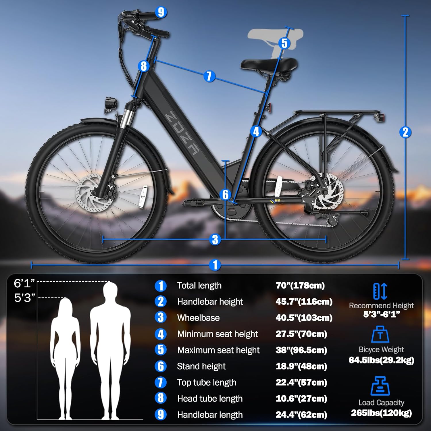 ZDZA Electric Bike for Adults, 1000W Peak Motor, 60 Miles 22Mph Electric Bike, 26" Commuter E Bikes with 48V 10.4Ah Removable Battery, Step-Thru Ebike, Adjustable Stem, 7-Speed & Front Suspension
