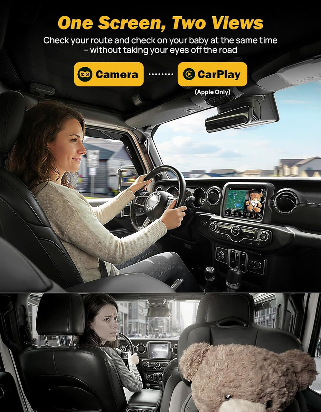 JOYTUTUS Baby Car Camera with Wireless CarPlay Adapter, 1080P HD Rear Seat Monitor Display on Car Screen, Baby Car Monitor for Kids 150°Wide, Rear Facing Monitor Essentials Shower Gifts for Pets
