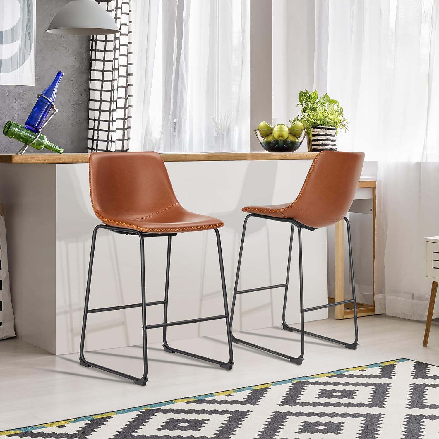 Sweetcrispy Counter Height Bar Stools Set of 2, 30 inch Height Stool Faux Leather Barstools with Back, Armless Kitchen Island Countertop Comfortable Modern Chairs with Metal Legs - Brown