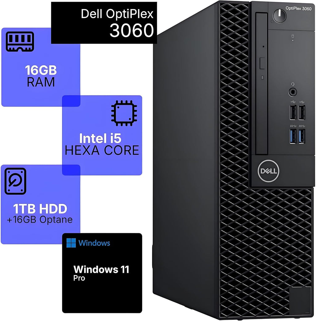 Dell OptiPlex 3060 SFF Desktop Computer, Intel Core i5-8500, 16GB DDR4, 16GB Intel M.2 Optane Memory + 1TB HDD, Built-in Wi-Fi + Bluetooth, HDMI + DisplayPort, Windows 11 Pro (Renewed)