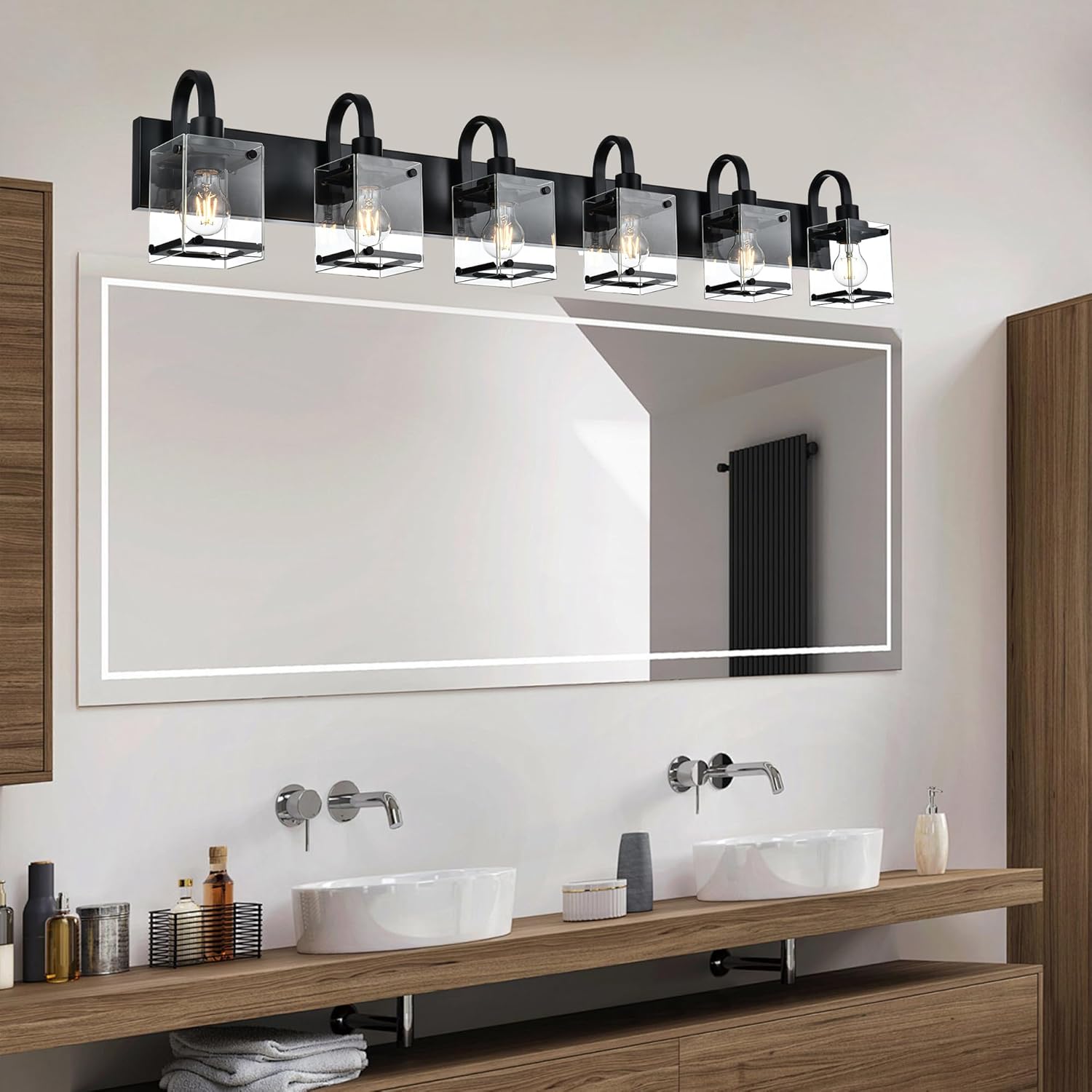 TODOLUZ Modern Vanity Light Fixture Over Mirror,6 Lights Wall Sconce with Clear Glass Shade Bathroom Lighting Black Farmhouse Wall Lamp Bathroom Mirror Kitchen Porch Living Room Workshop