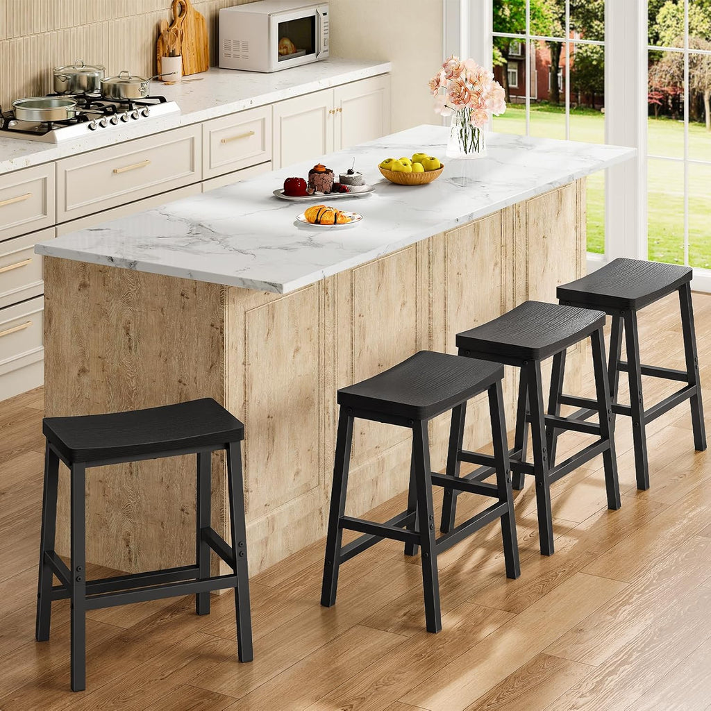 HOOBRO Bar Stools Set of 4, Counter Height Bar Stools, 23.6'' Bar Chairs, Saddle Stools with Footrests, Industrial Barstools for Dining Room, Kitchen, Bar, Black BB02MDP401
