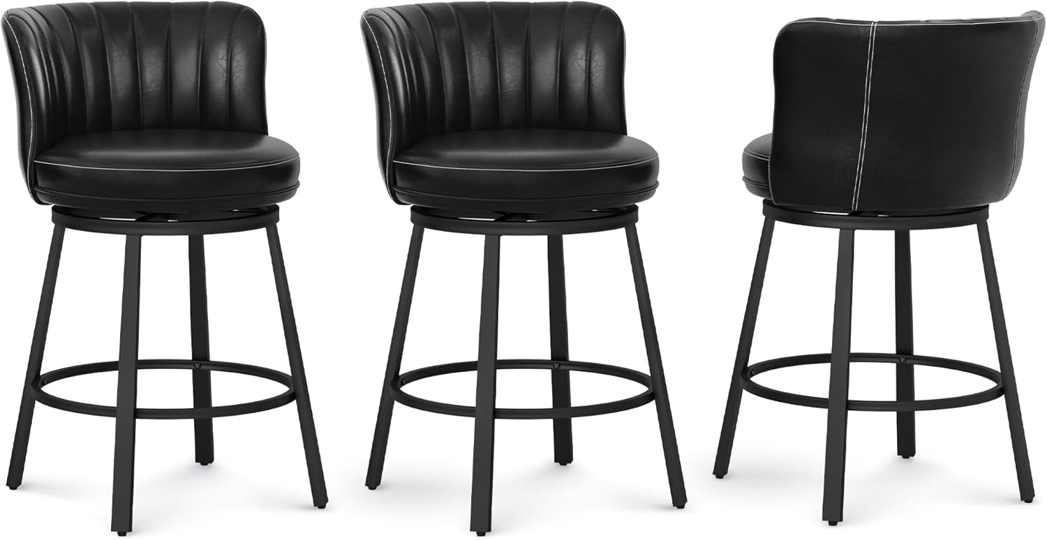 LUE BONA 360° Swivel Leather Bar Stools Set of 3, 26" Counter Height Barstools with Backs and Metal Legs, Rustic Upholstered Bar Chairs for Kitchen Island, Black