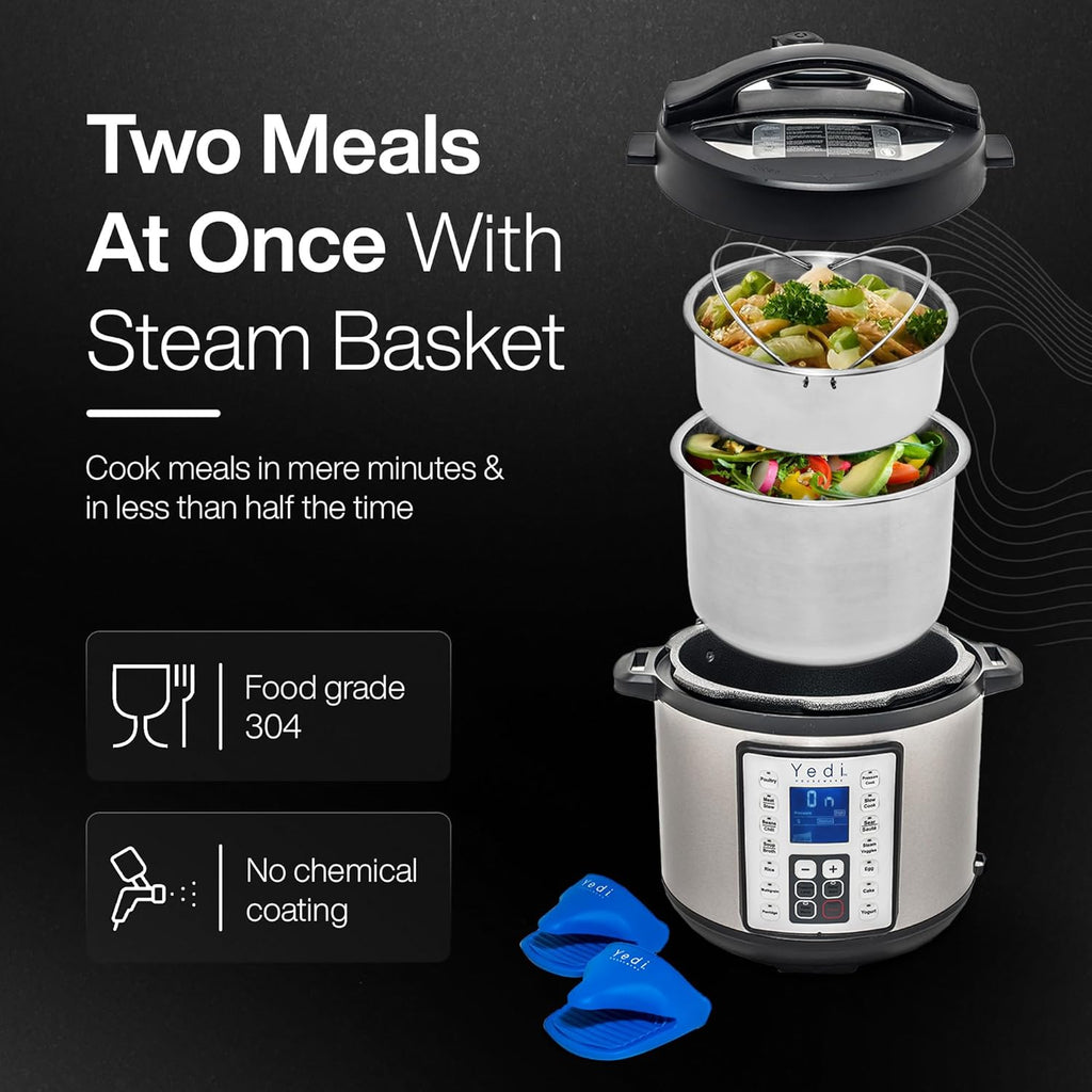 Yedi HOUSEWARE 9-in-1 Total Package Instant Programmable Pressure Cooker, 6 Quart, Deluxe Accessory kit, Recipes, Pressure Cook, Slow Cook, Rice Cooker, Yogurt Maker, Egg Cook, Sauté, Steamer, Stainless Steel