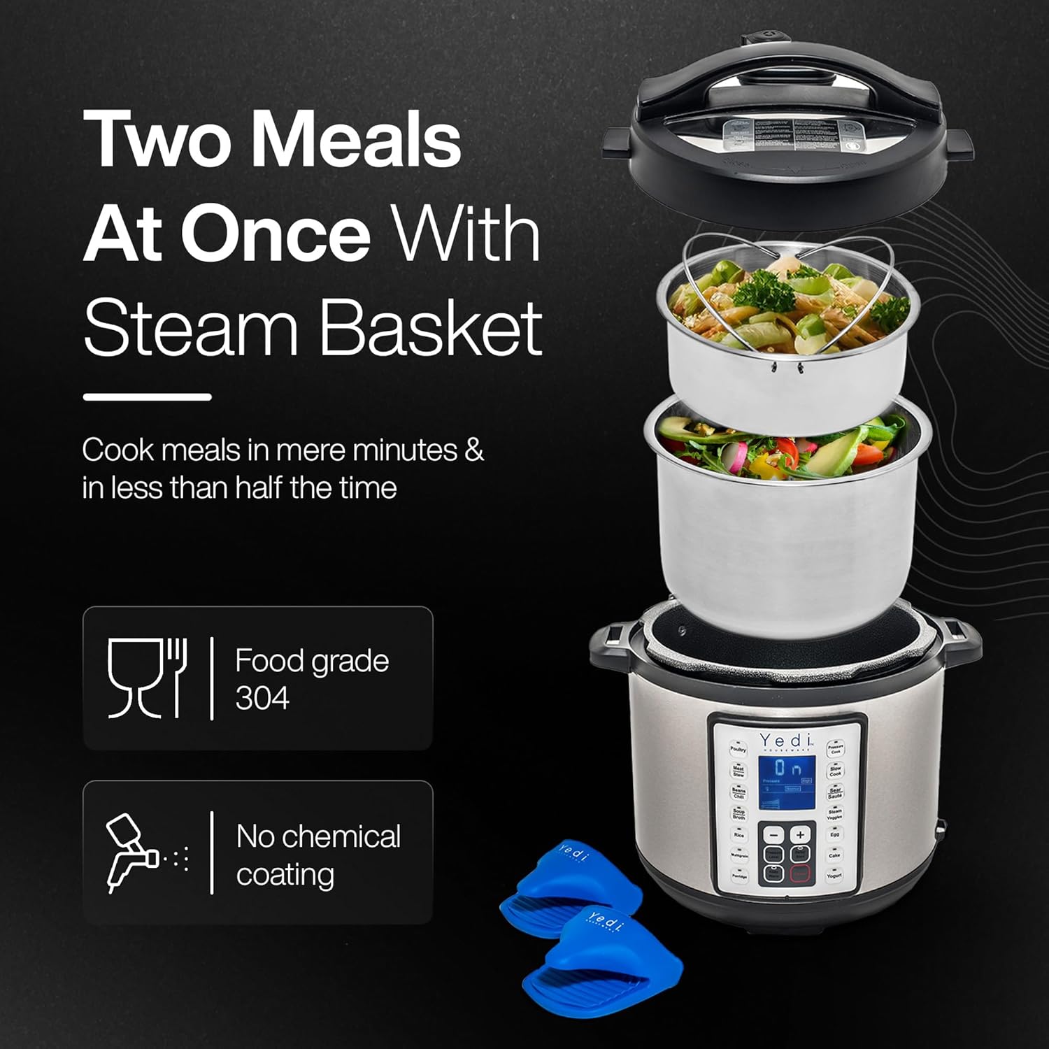 Yedi HOUSEWARE 9-in-1 Total Package Instant Programmable Pressure Cooker, 6 Quart, Deluxe Accessory kit, Recipes, Pressure Cook, Slow Cook, Rice Cooker, Yogurt Maker, Egg Cook, Sauté, Steamer, Stainless Steel