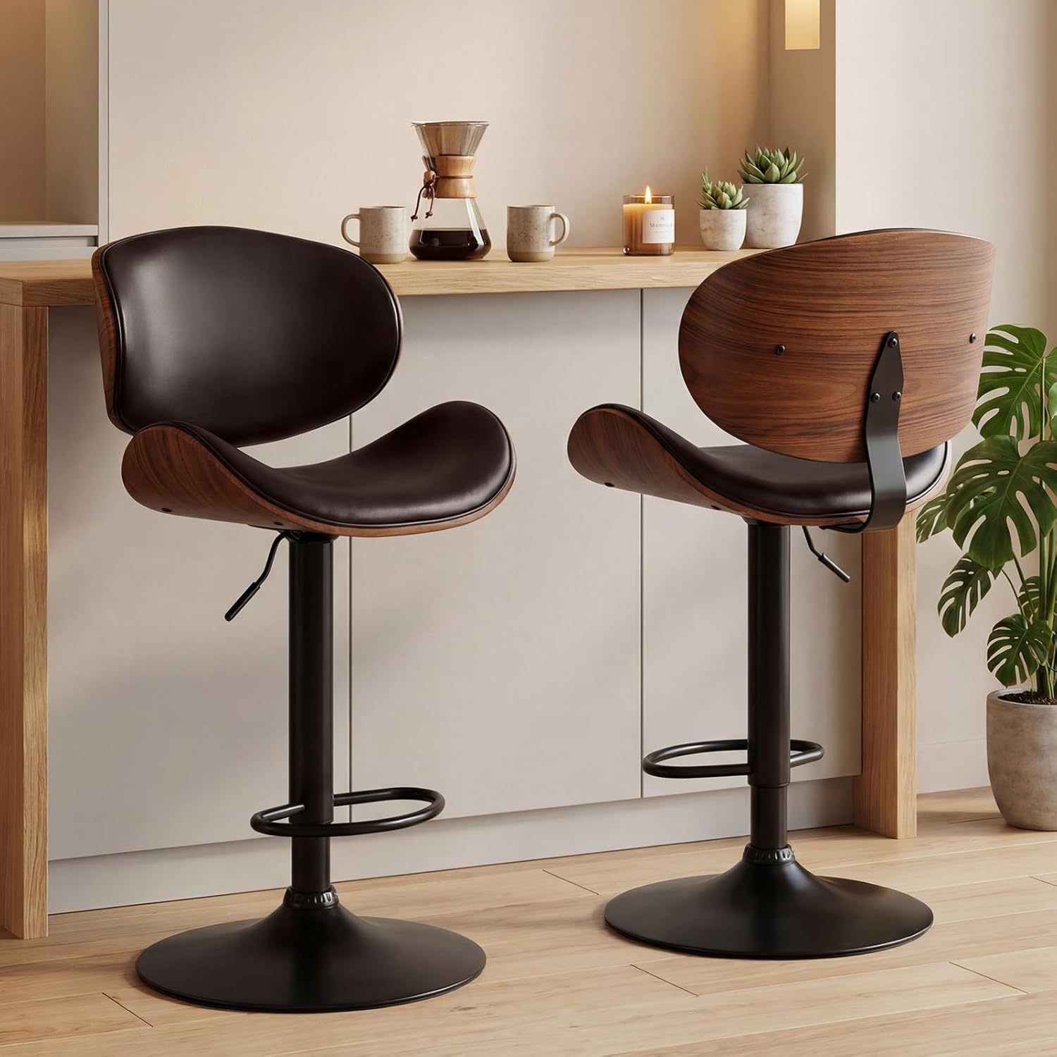 Swivel Bar Stools Set of 2, Adjustable Height Bentwood Barstools with Removable Back, PU Leather Upholstered Bar Chair for Kitchen Island Dining Room, Brown