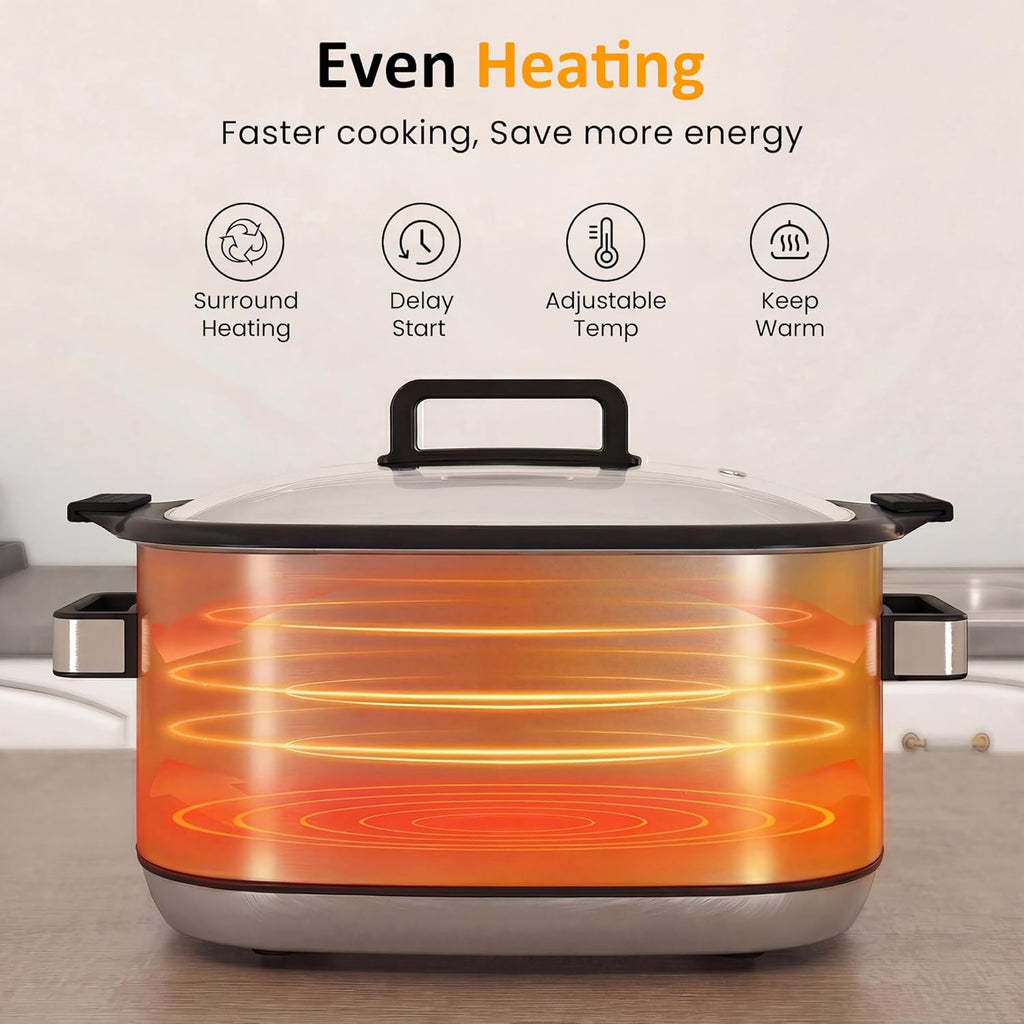 Sunvivi Slow Cooker Roaster Oven 6.5 Quart, 11 in 1 Programmable Multi-Cooker with Digital Timer, Temp Control, Keep Warm, Removable Nonstick Pot & Dishwasher-Safe Glass Lid, Sliver