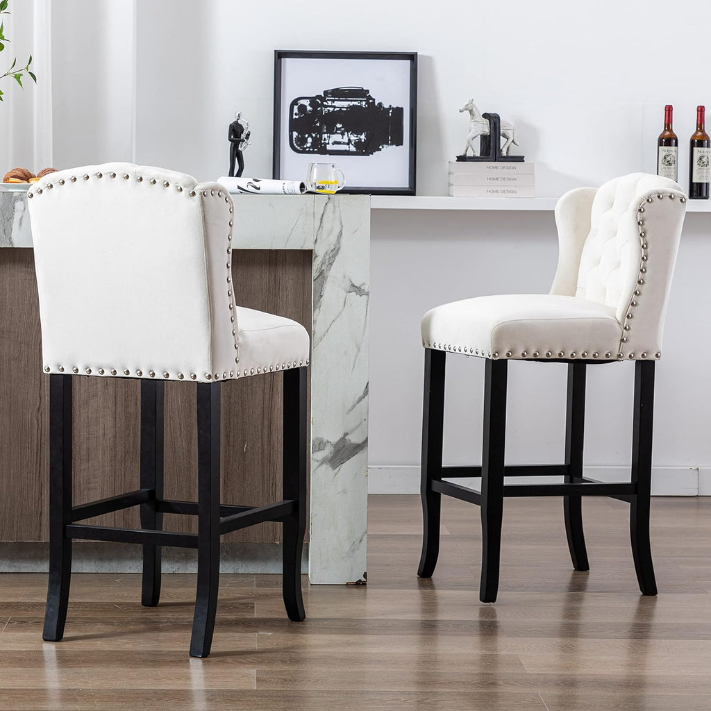 DUOMAY Modern Tufted Bar Stools Set of 2, 30" Bar Height Bar Chairs with Back, Velvet Kitchen Island Chair Barstools with Wood Legs for Dining Room Bar Coffee Shop, White