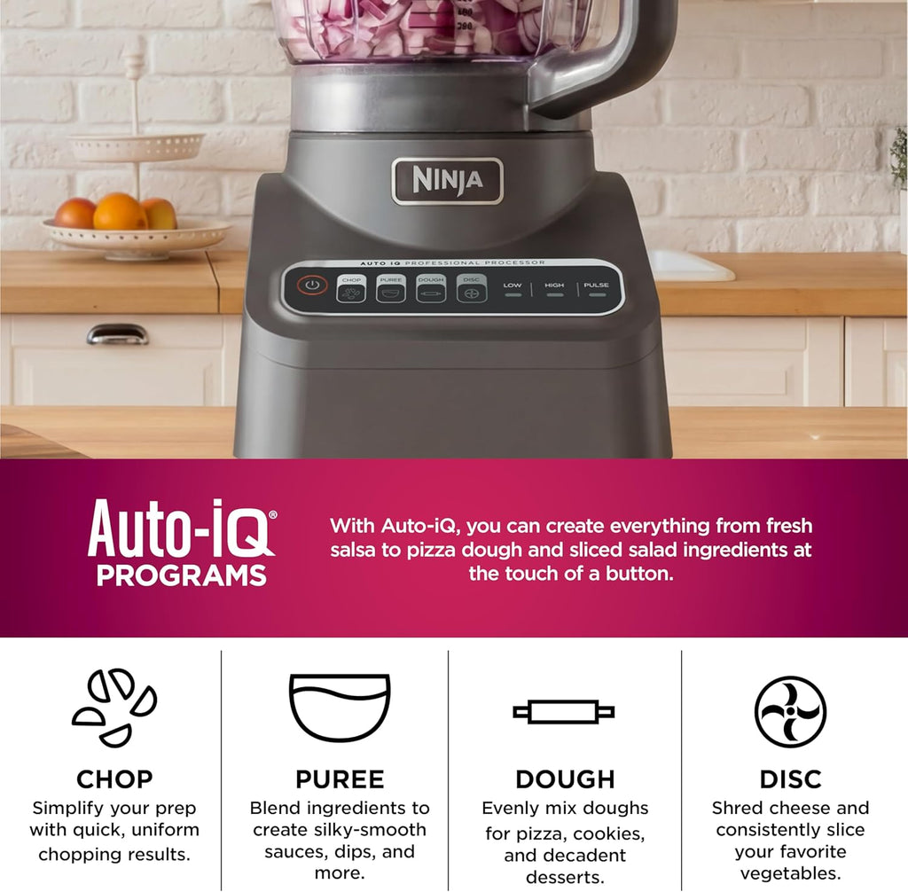 Ninja Food Processor, Professional Plus, 1000 Peak Watts, 4 Functions for Chopping, Slicing, Purees & Dough with 9-Cup Processor Bowl, 3 Blades, Food Chute & Pusher, Grey, BN601
