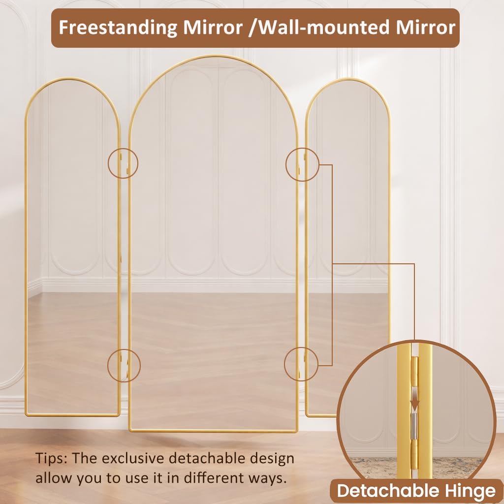 3 Way Arched Full Length Mirror Free Standing, 71"x 52" Large Modern Trifold Mirror with 3 Panel Tempered Glass & Metal Frame, for Dressing Room, Bridal Shop,Clothing Store (Gold, 71"L x 52"W)