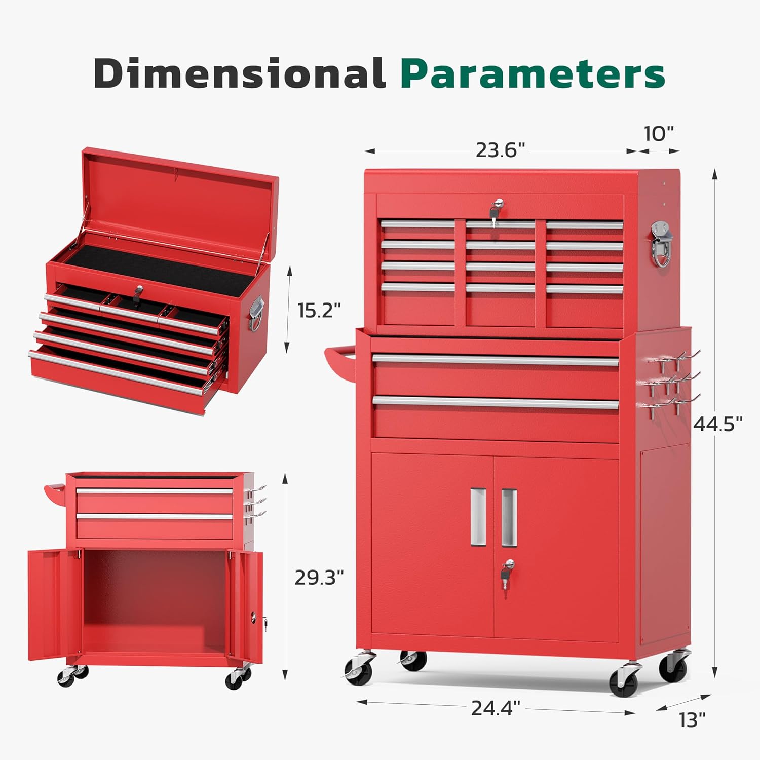 Greenvelly 8-Drawer Rolling Tool Chest, Assembled 2 in 1 Detachable Metal Tool Box with Wheels, Lockable Steel Tool Cart with Drawer Liners & Side Hooks for Garage, Workshop, Repair Room (Red)