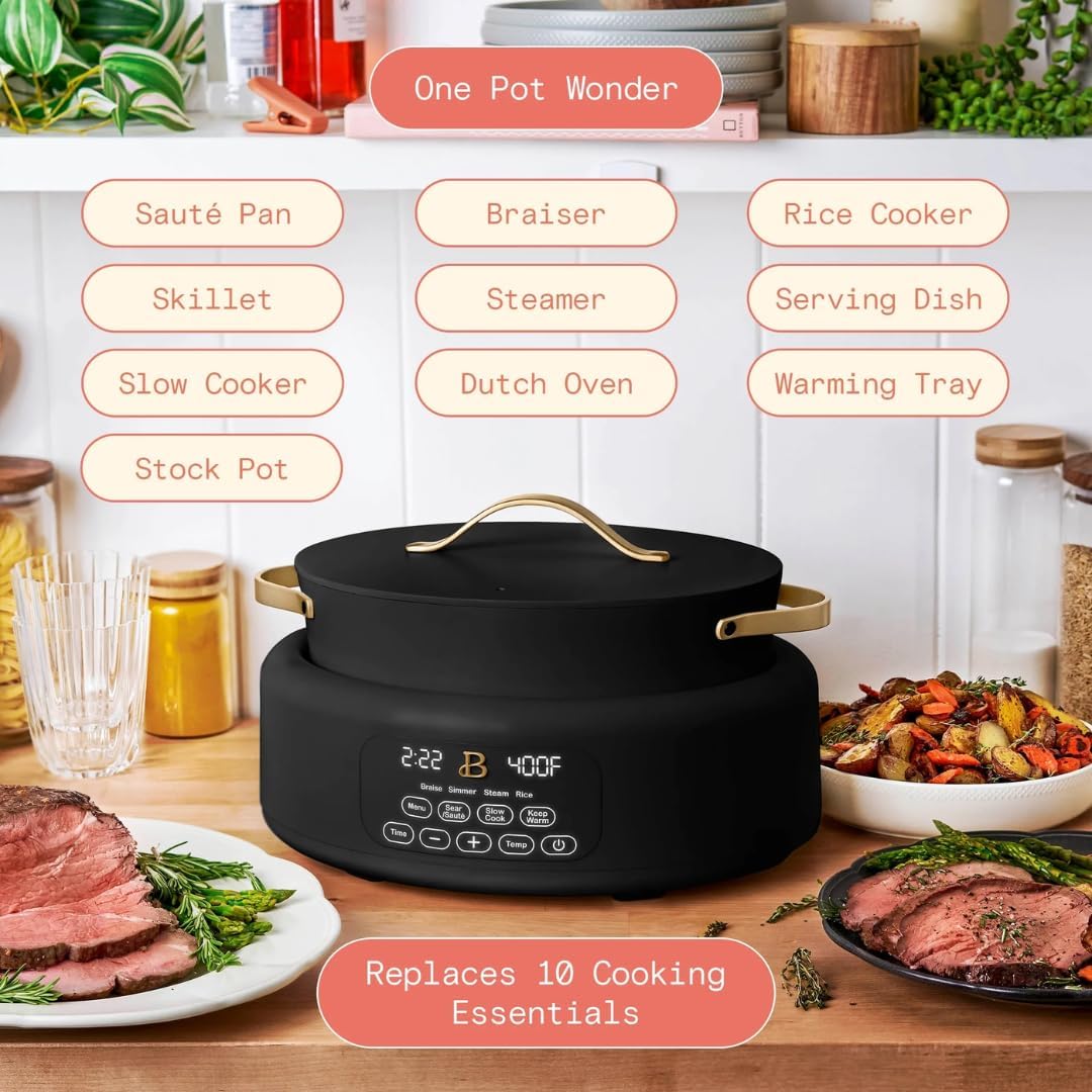 10-in-1 Electric Multi-Cooker, 6 Quart Programmable Cooking Pot with Digital Display, Nonstick Interior, One-Touch Controls, Multi-Function Kitchen Appliance (Black Sesame)