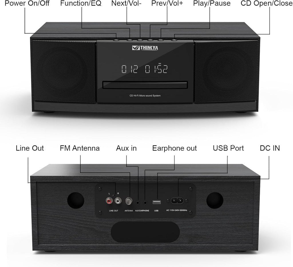 Vintage Bluetooth Stereo System for Home, THINKYA 36W RMS Micro HiFi Systems CD Player Dual 3” Bass with Bluetooth Audio Streaming, FM Radio, USB Port, Aux-in, Remote Control(NO Clock & Alarm)