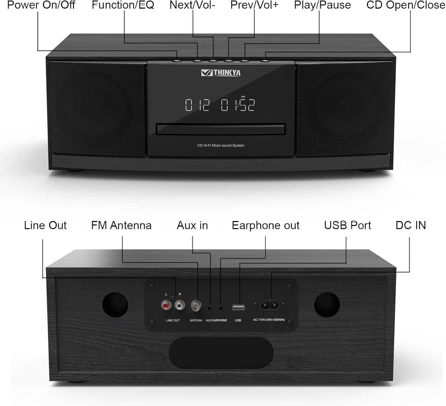 Vintage Bluetooth Stereo System for Home, THINKYA 36W RMS Micro HiFi Systems CD Player Dual 3” Bass with Bluetooth Audio Streaming, FM Radio, USB Port, Aux-in, Remote Control(NO Clock & Alarm)