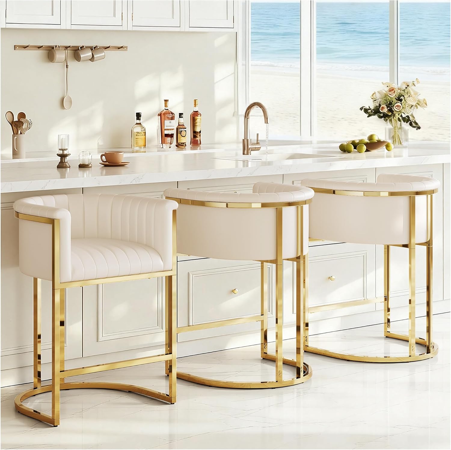 26" H Counter Height Bar Stools Set of 3, Modern Barrel Counter Stools with Backrest and Arms, Faux Leather Upholstered Barstools for Kitchen Island, Gold Stainless Steel Frame/Beige
