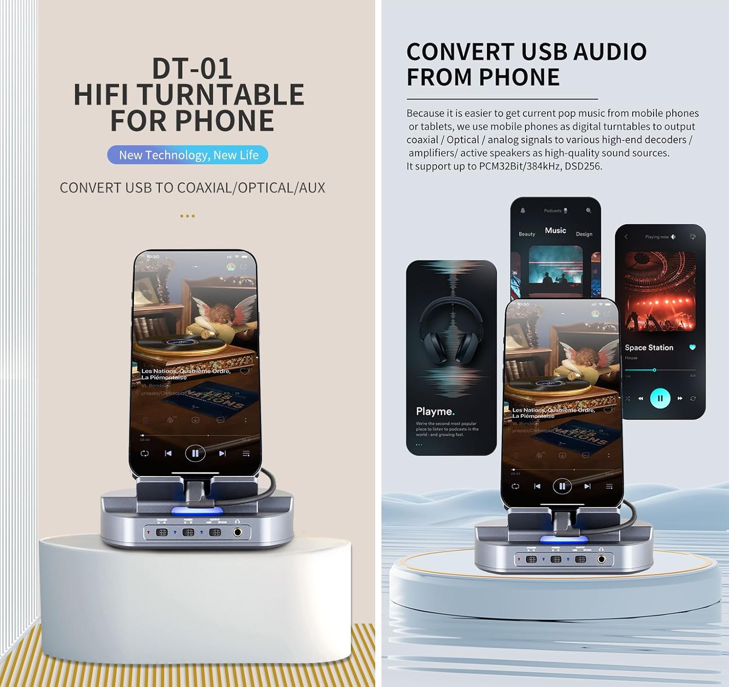 xDuoo DT-01 HiFi Phone DAC Pre-Amp Player Transforms Dock, Turntable for Phone Convert Output Coaxial/Optical/Aux Audio to decoder or Amplifier