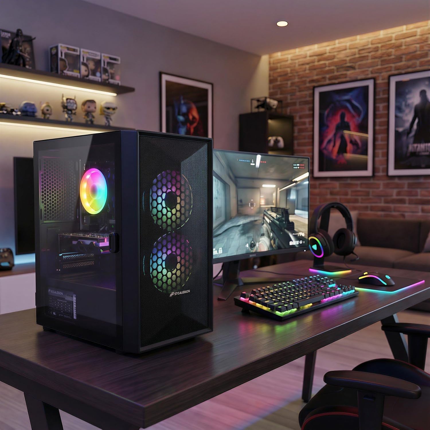STGAubron Prebuilt Gaming PC Desktop, Radeon RX 550 4G, Intel Core i5 up to 3.6GHz, 16G RAM, 512G SSD, WiFi 6, BT 5.0, RGB Fan x2, Windows 11 Home