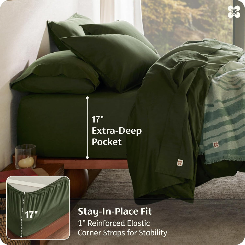 Bedsure 100% GOTS Certified Organic Cotton Sheets, King Size Sheets Set, 17" Deep Pocket Bedsheets with Corner Straps, Eco-Friendly, Soft & Luxury PureWoven Cotton Hotel Bedding, Olive Green