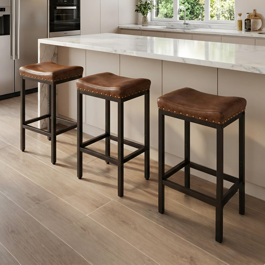 Counter Height Bar Stools Set of 2,30 Inch, Industrial Vintage Bar Stool with Nailhead, Faux Leather Barstool with Footrest, Saddle Stool for Kitchen Island, Dining Room, Easy Assembly