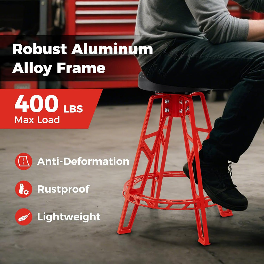 Mechanic Stool, Heavy-Duty Aluminum Garage Barstool with 360° Swiveling Seat & Footrest, Tall Padded Workshop Stool for Tool Room, Auto Repair, 400 LBS Max Load