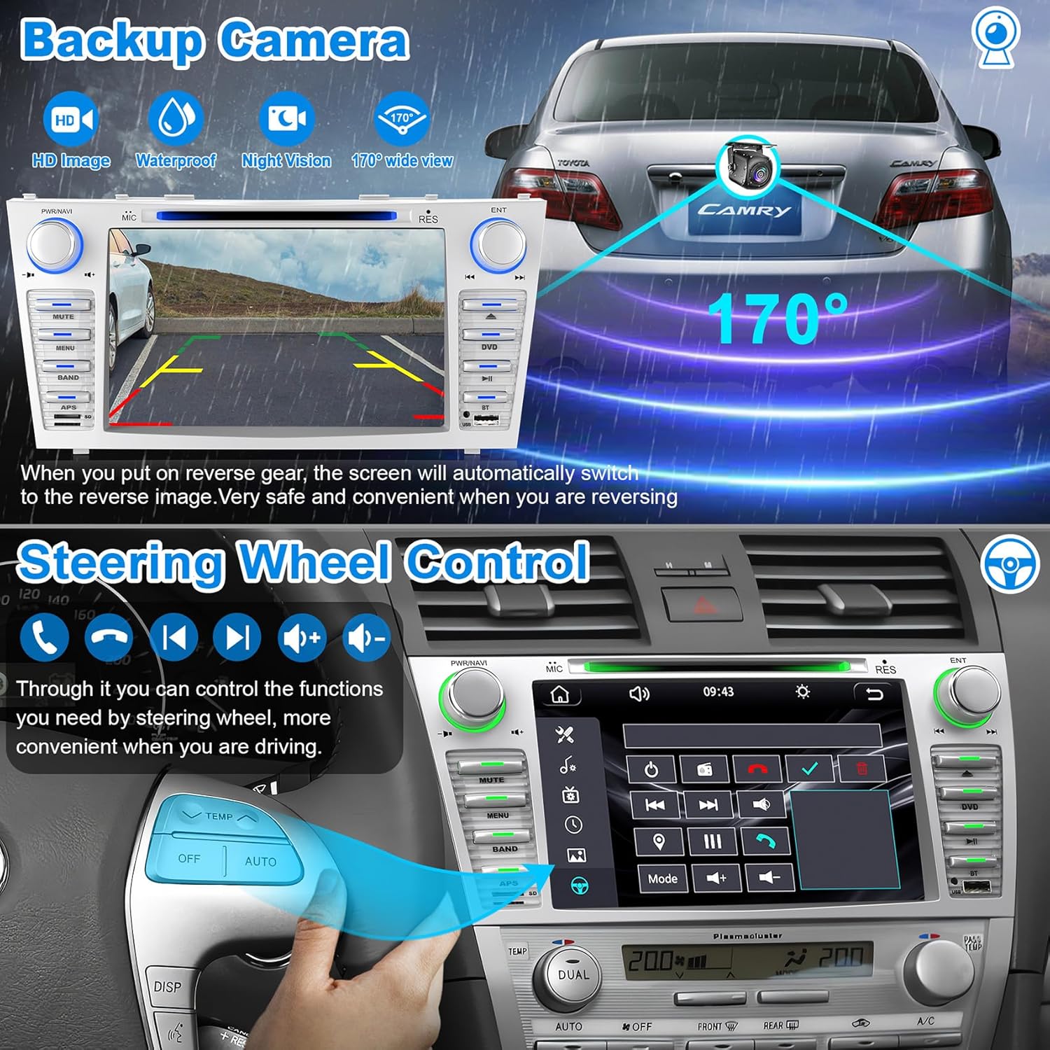 Car Radio for Toyota Camry 2006 2007 2008 2009 2010 2011, 8-inch Touch Screen Car Stereo Support CD/DVD,CarPlay&Android Auto, Bluetooth5.2&Voice Control, Backup Camera& SWC