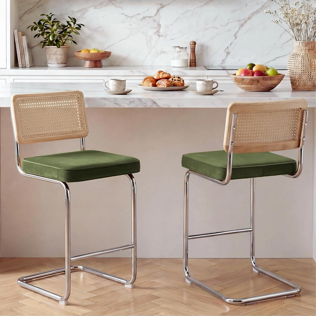 Zesthouse Natural Rattan Bar Stools Set of 2, 26'' Modern Boho Counter Height Barstools with Solid Wood Back, Mid Century Counter Stools with Velvet Cushion, Cane Back Island Chairs for Kitchen, Green