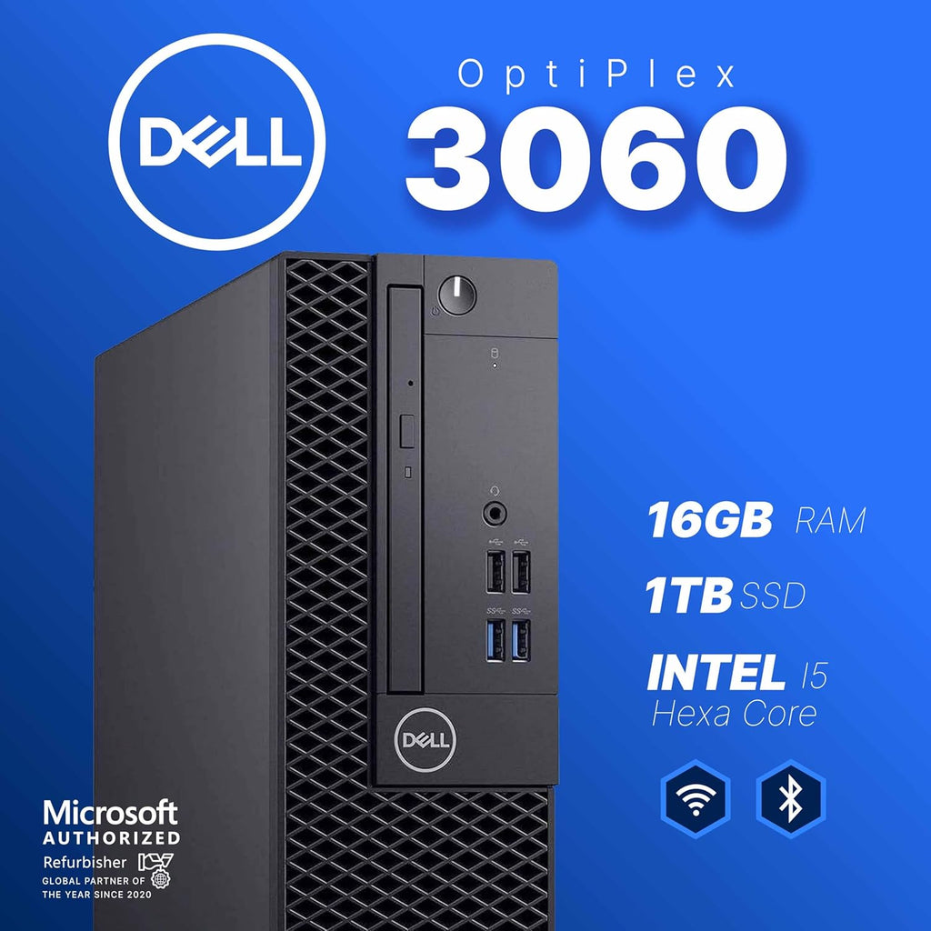 Dell OptiPlex 3060 Desktop PC | Intel Core i5 8th Gen Hexa Core | 16GB RAM | 1TB SSD | Windows 11 Pro | 24" LCD Monitor | WiFi + Bluetooth | RGB Speaker | (Renewed)