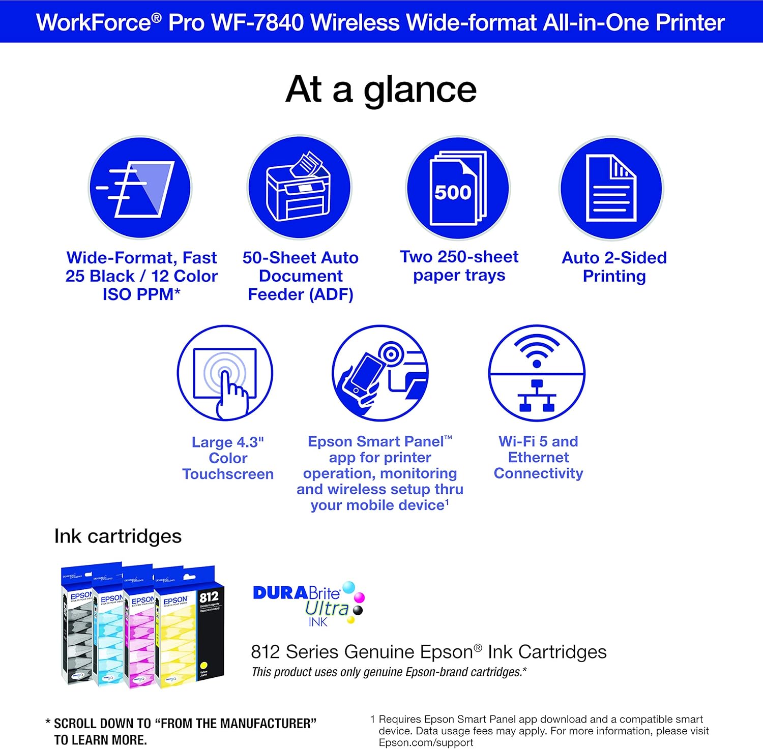 Epson Workforce Pro WF-7840 Wireless All-in-One Wide-Format Printer with Auto 2-Sided Print up to 13" x 19", Copy, Scan and Fax, 50-Page ADF, 500-sheet Paper Capacity, 4.3" Screen